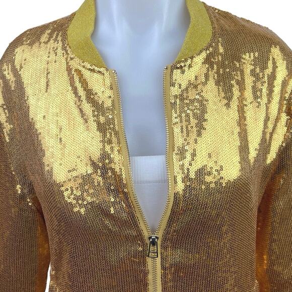 Jogal Gold Sequin Zip Long Sleeve Slim Fit Shiny Club Retro Bomber Coat Jacket M - Picture 3 of 5